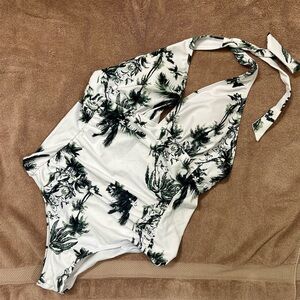 SHEIN White Halter One-Piece Swimsuit with Green Tropical Print